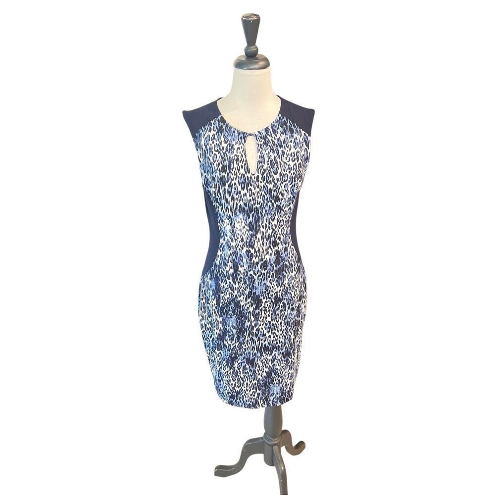 Cache Women's Animal Print Keyhole Sleeveless Sheath Dress Blue Size Medium